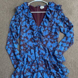 Dee Elly Floral Ruffle Mini Dress, Blue/Brown, Small